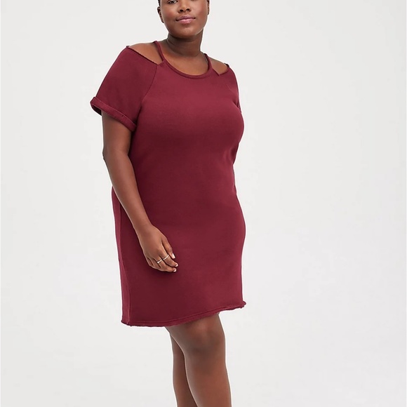 torrid Dresses & Skirts - Torrid Dress 3X Burgundy/Wine Cold Shoulder Cut Out Mini Plus Relaxed Lounge New